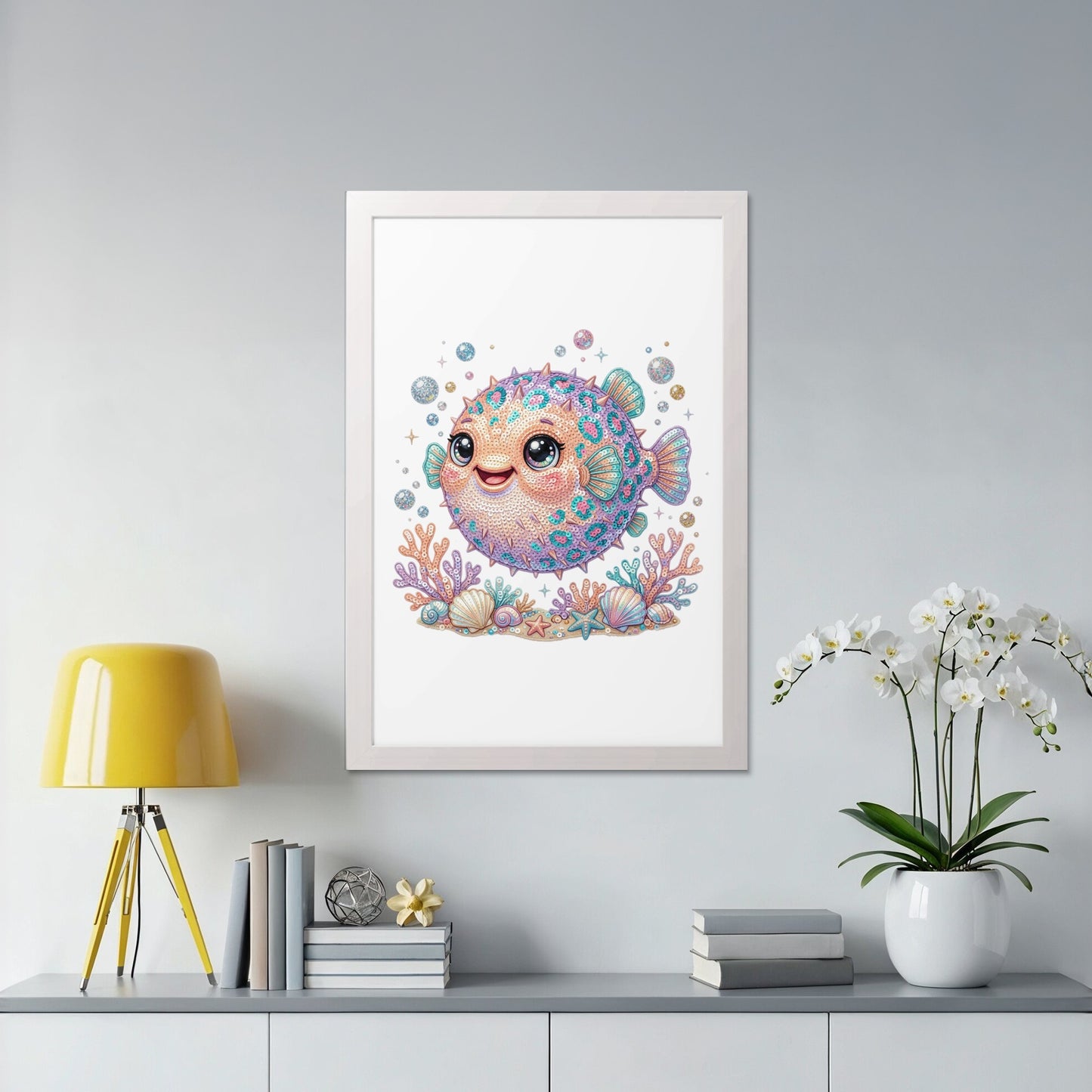 Cute pufferfish artwork with seashells and coral on a white framed print.