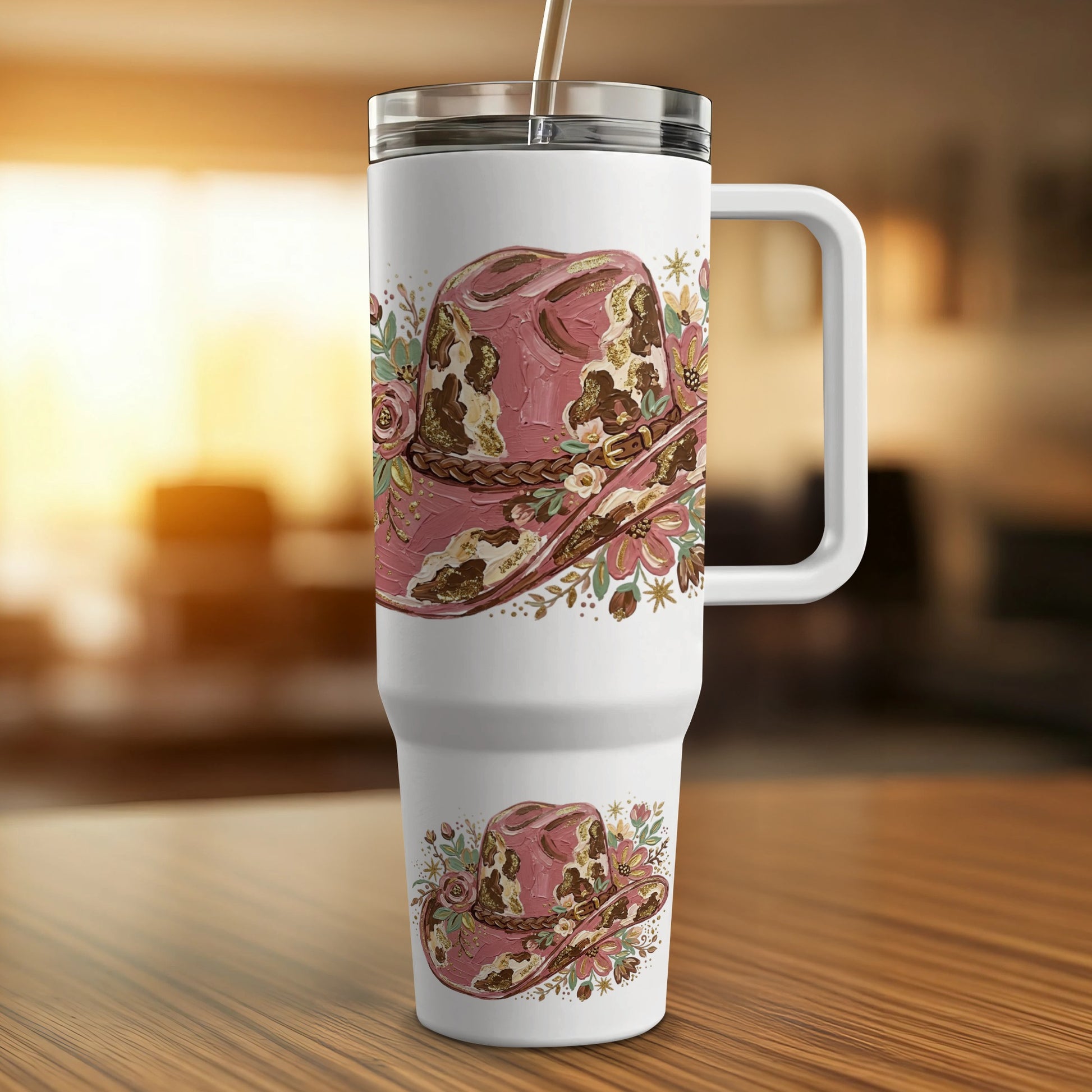 White tumbler with a pink and brown distressed cowboy hat floral design.