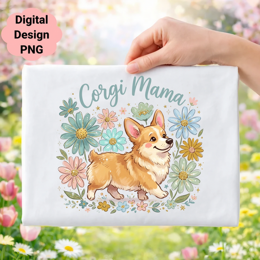 Corgi Mama design with a cartoon corgi surrounded by flowers.