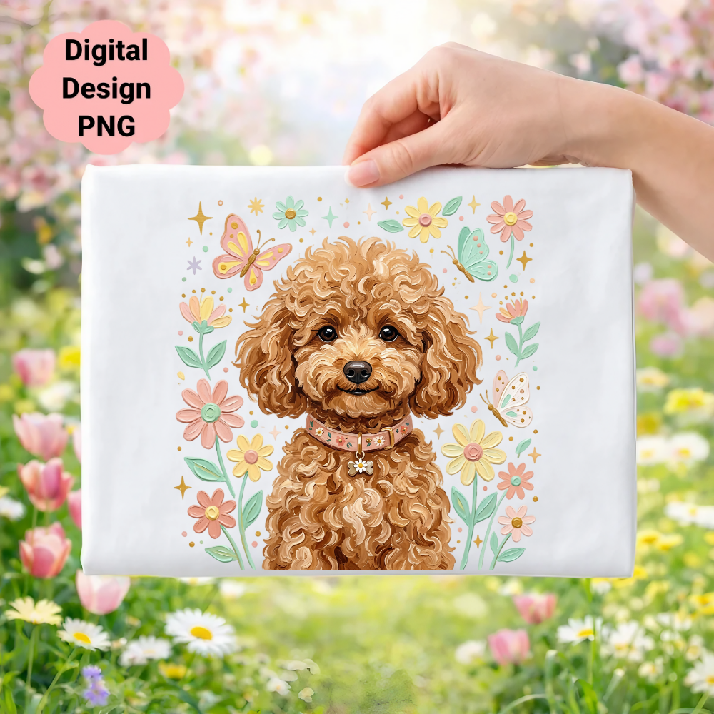 Poodle wearing a floral collar with butterflies and flowers.