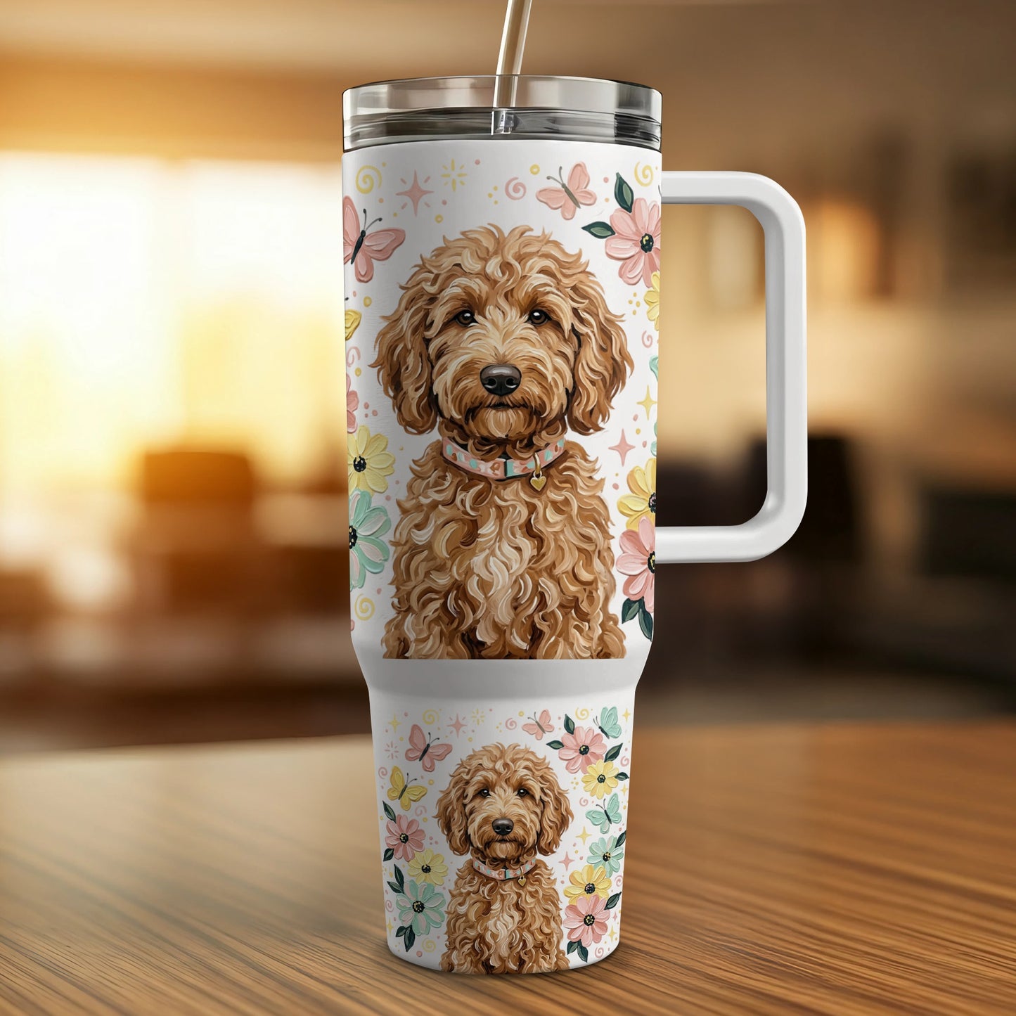 Goldendoodle dog on a floral patterned tumbler with handle.