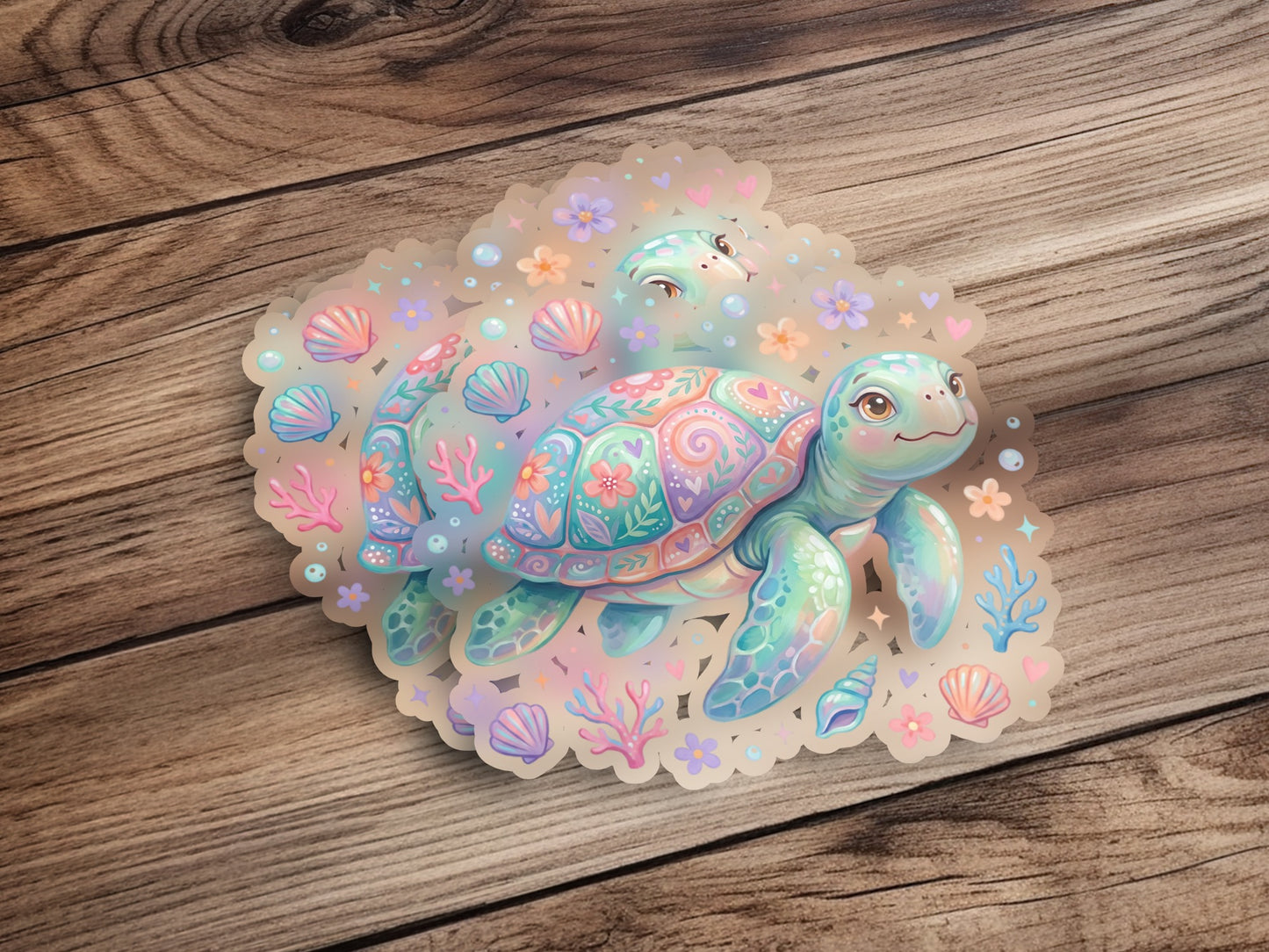 Cute cartoon sea turtle with colorful shells and flowers.