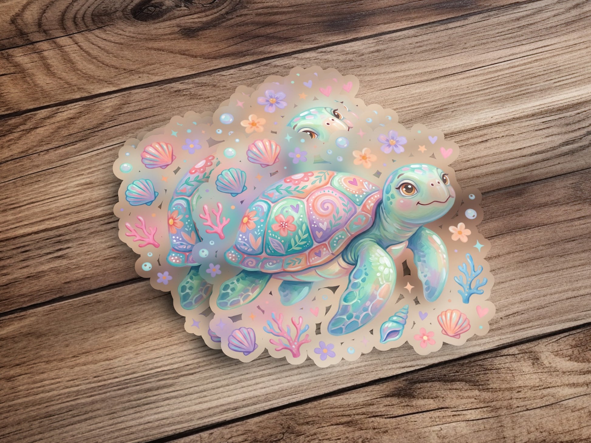 Cute cartoon sea turtle with colorful shells and flowers.