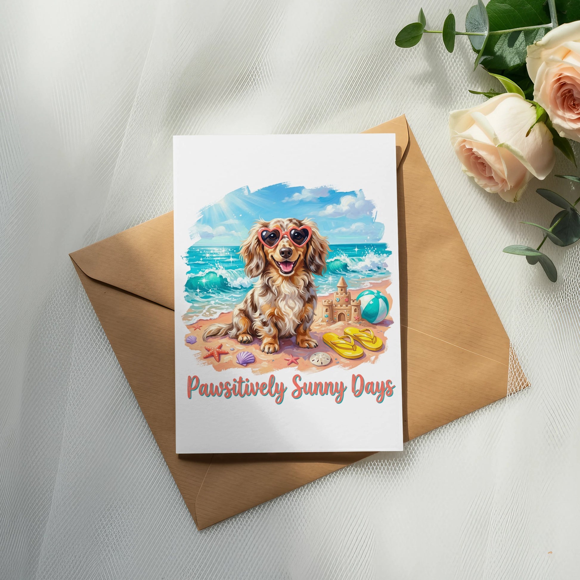 Dachshund in sunglasses on beach, "Pawsitively Sunny Days" text.