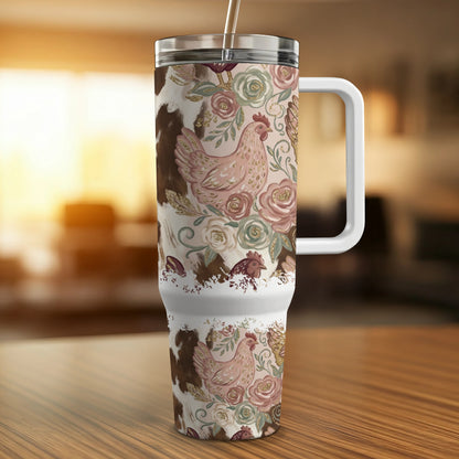 Tumbler with cowhide, roses, and chickens pattern, white handle and straw.