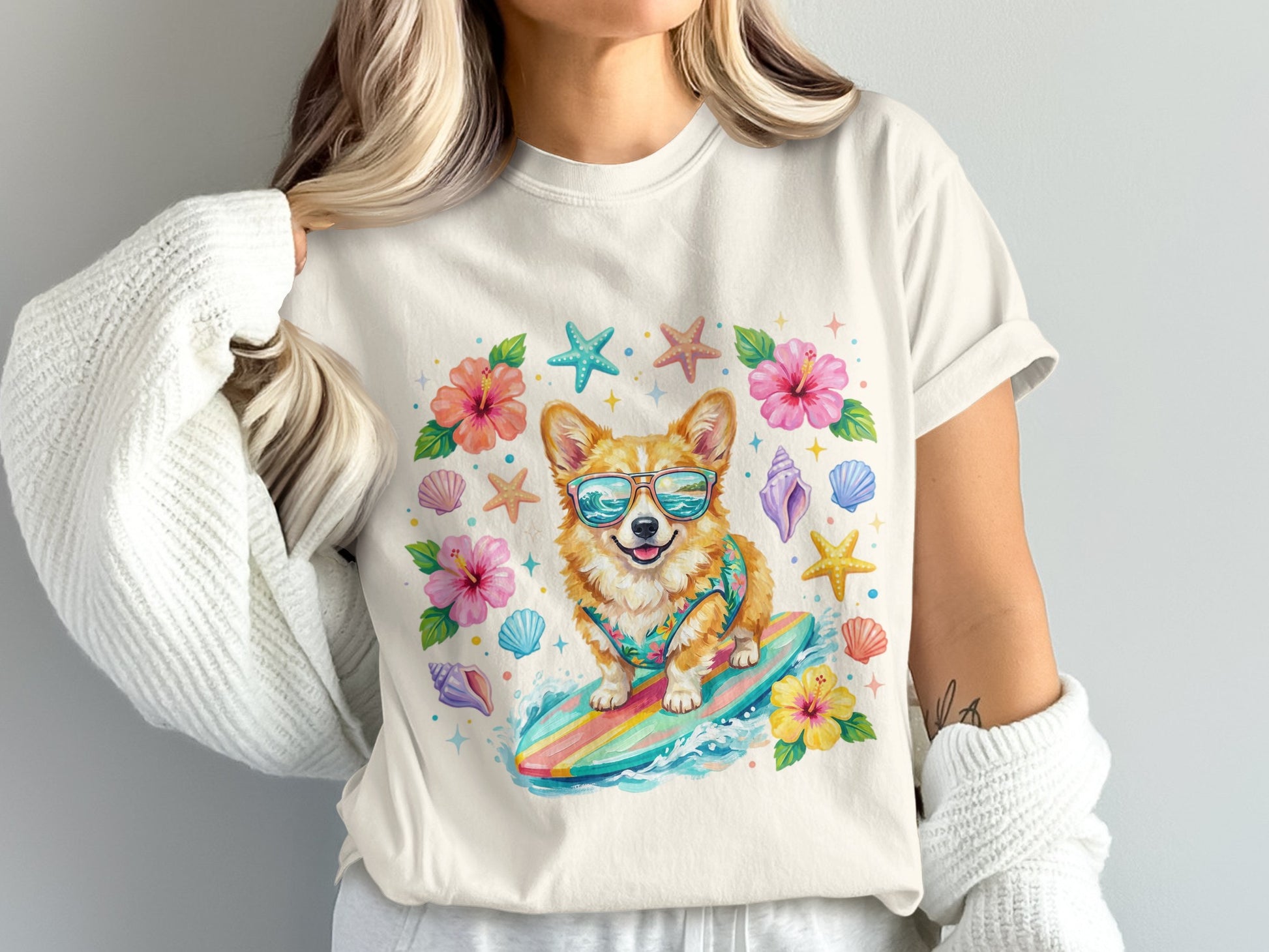 Corgi wearing sunglasses surfs on a rainbow surfboard surrounded by seashells and flowers.