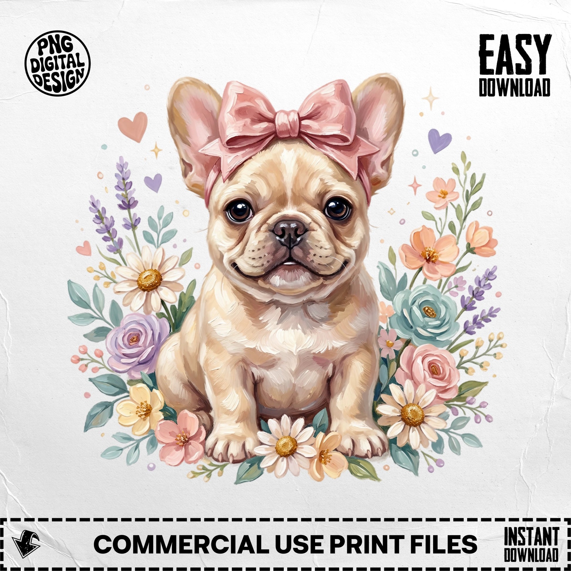 French bulldog puppy with pink bow and floral wreath, "Easy Download" text.