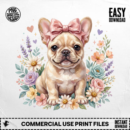 French bulldog puppy with pink bow and floral wreath, "Easy Download" text.