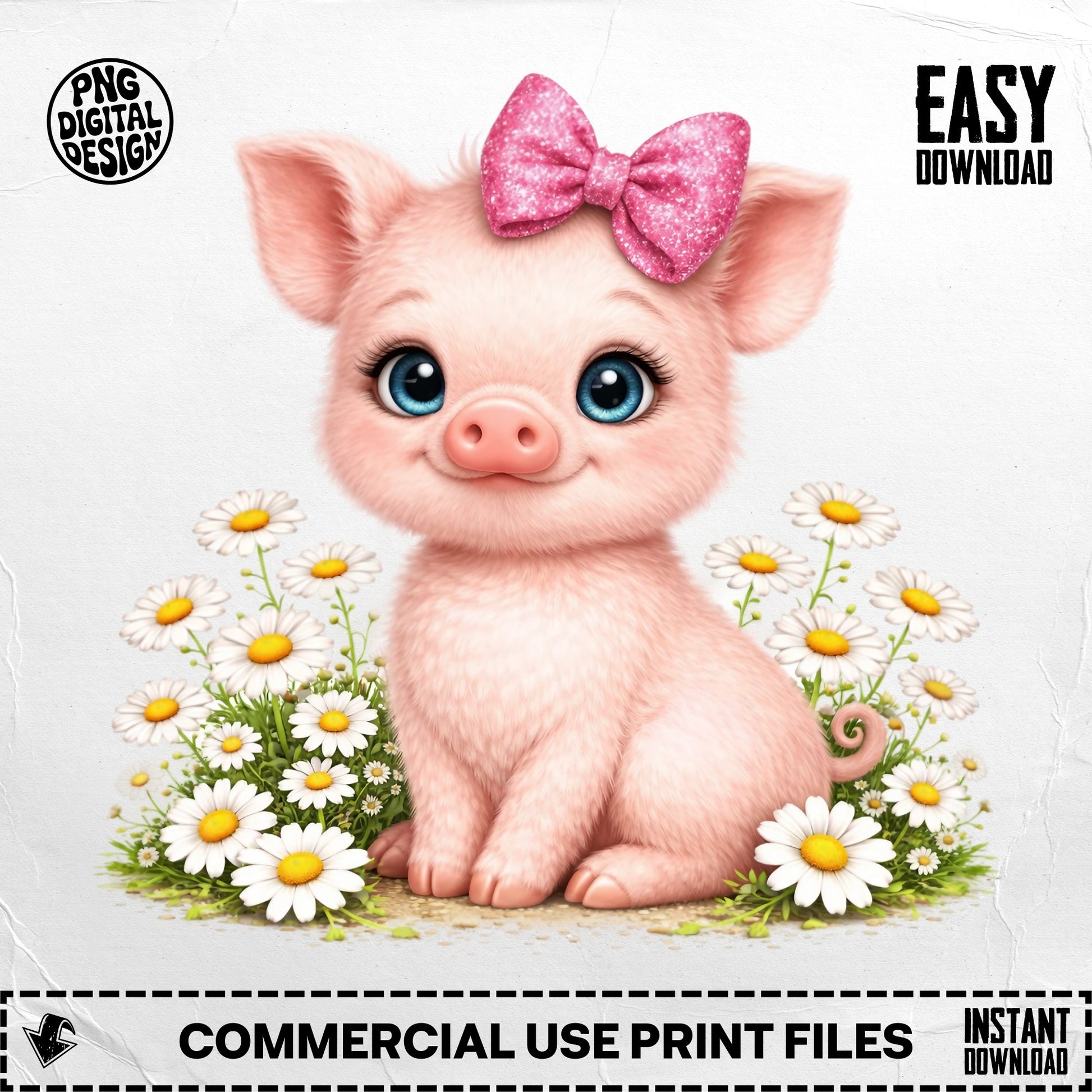 Cute pink pig with a glitter bow in a field of daisies.