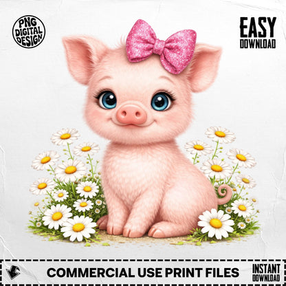 Cute pink pig with a glitter bow in a field of daisies.