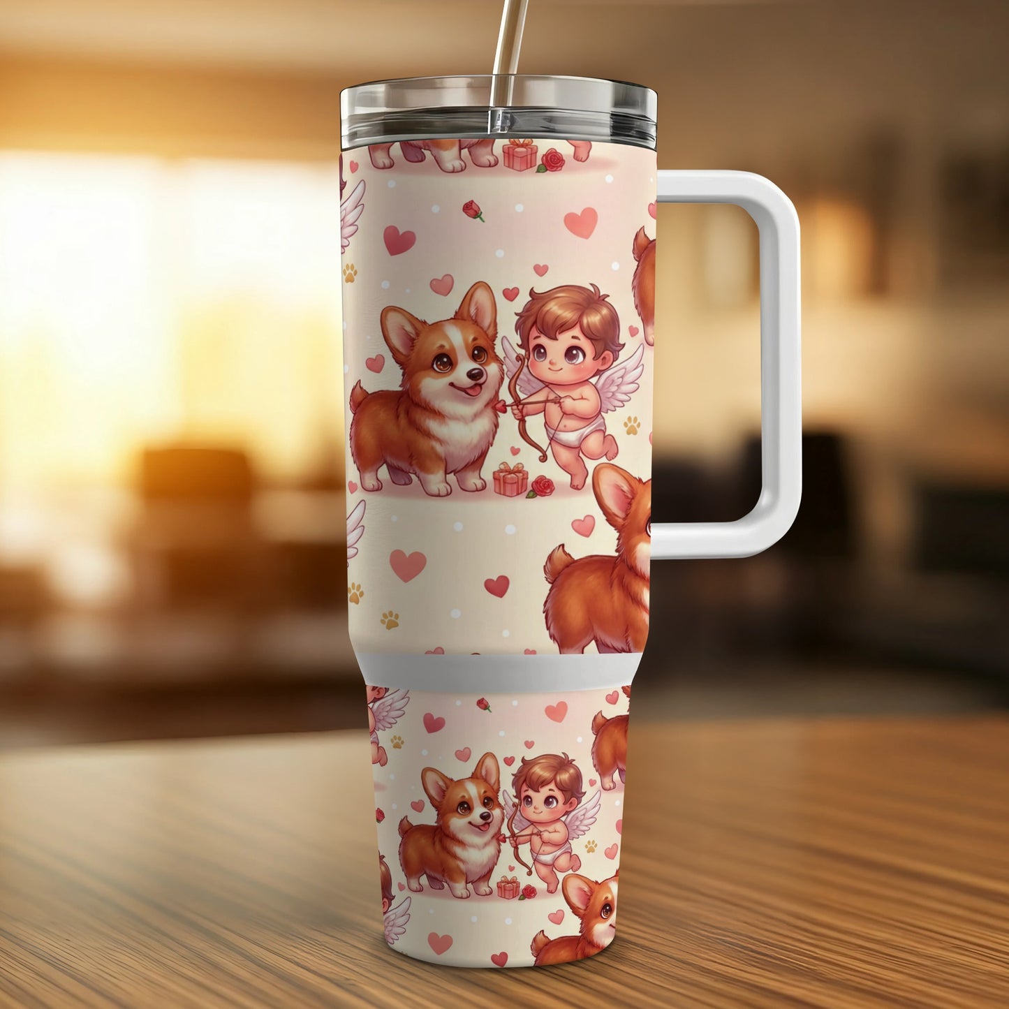 Corgis and cupids pattern on a white insulated tumbler with handle.