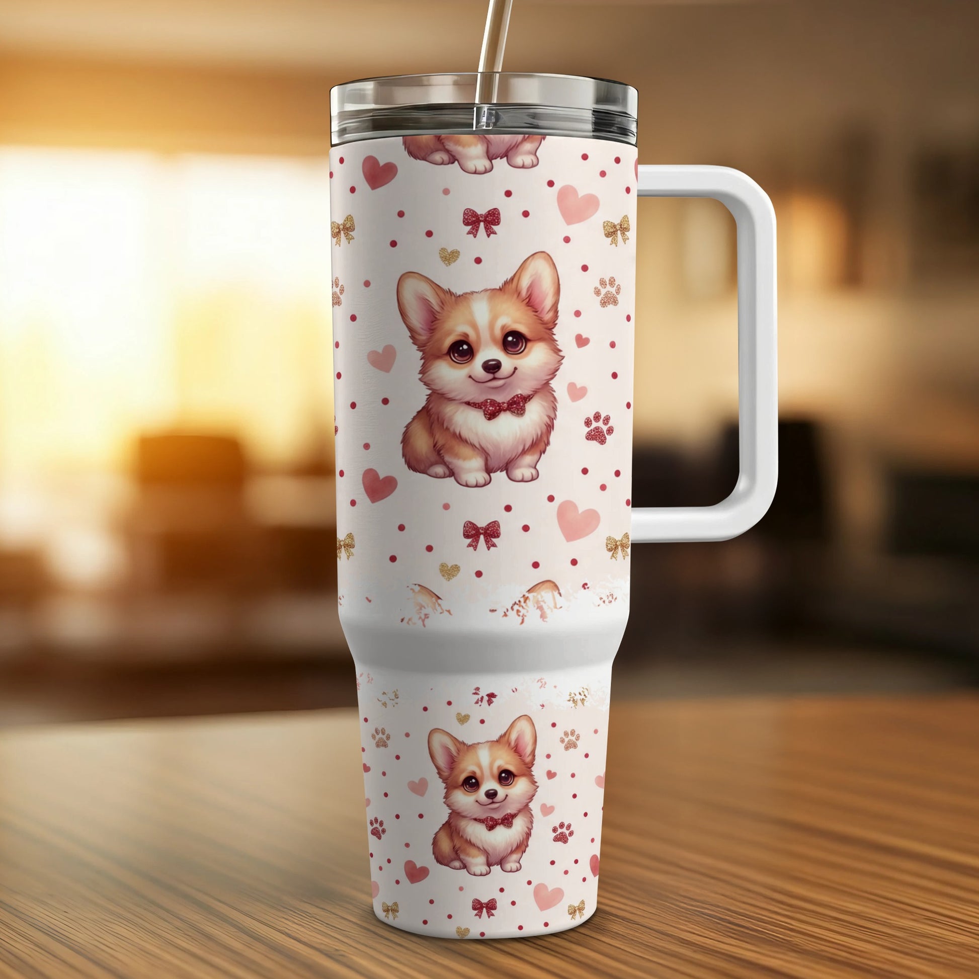 White tumbler with cute corgi puppies, hearts, and paw prints.