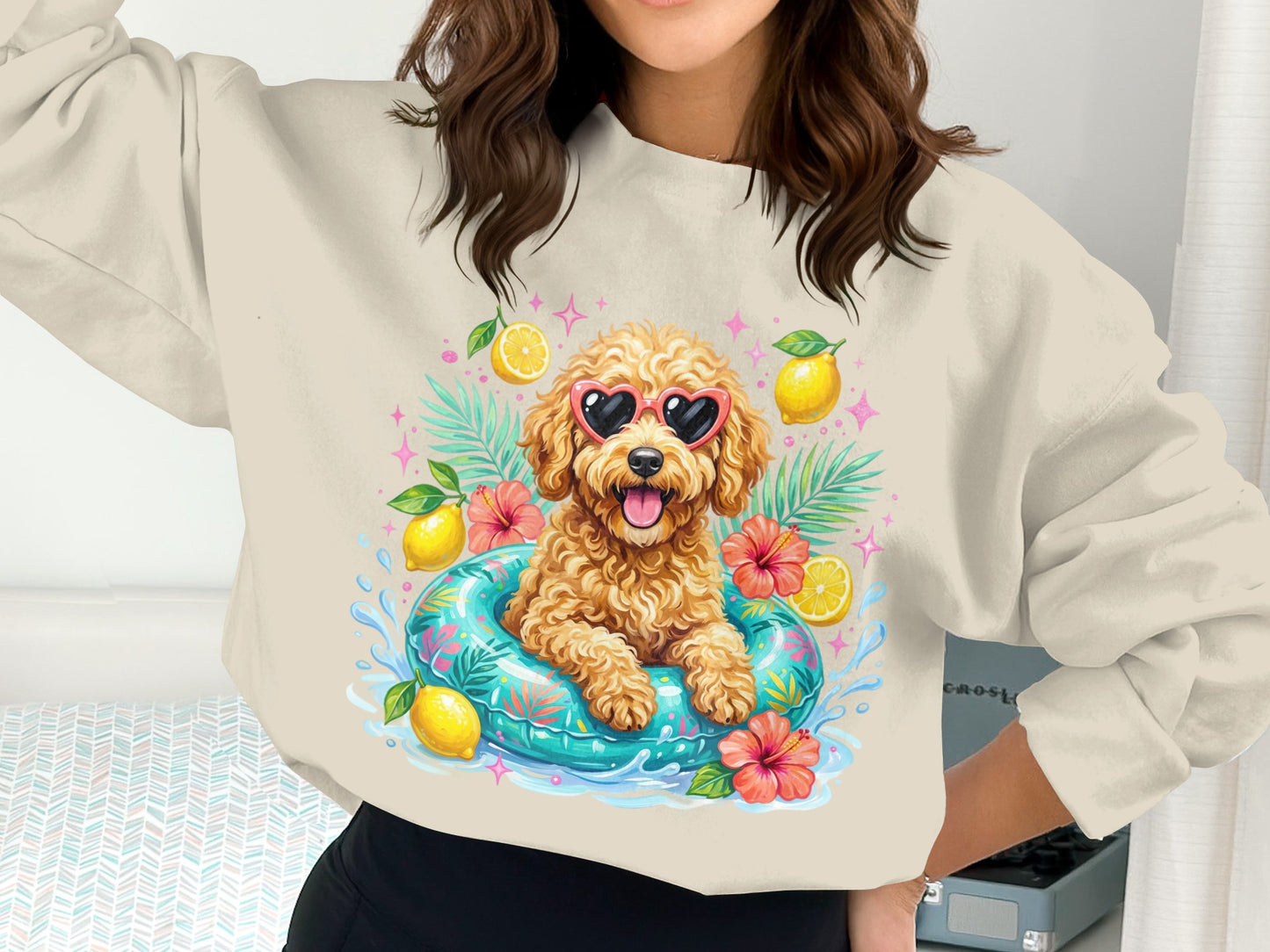 Dog in heart sunglasses on a pool float with lemons and flowers.