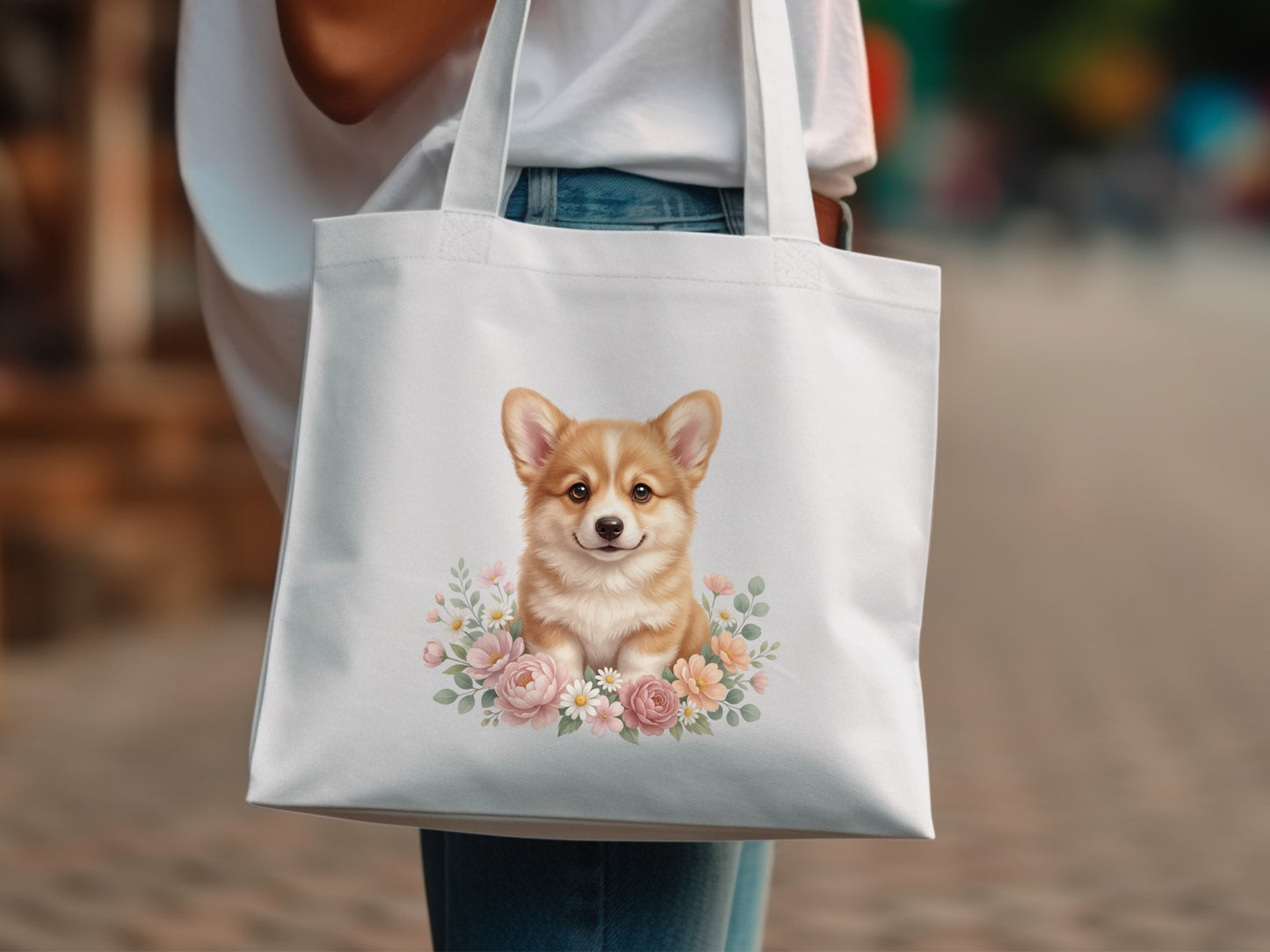 White tote bag with cute corgi puppy illustration and floral accents.