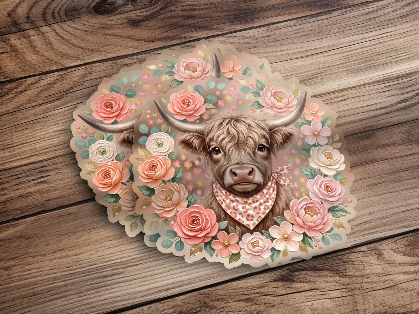 Highland cow with floral wreath and bandana on wooden background.