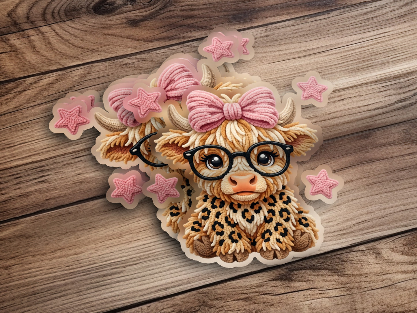 Cartoon Highland cow with pink bow, glasses, and leopard print scarf.