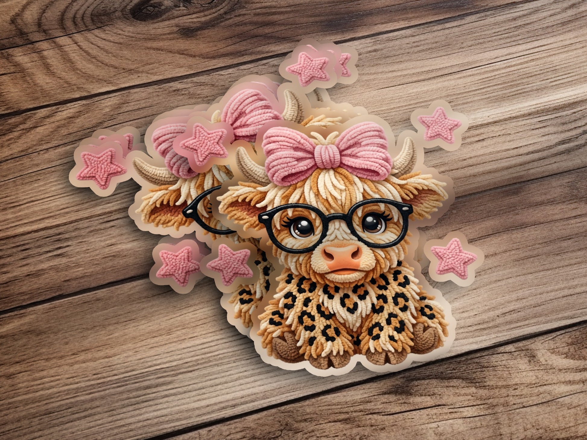 Cartoon Highland cow with pink bow, glasses, and leopard print scarf.