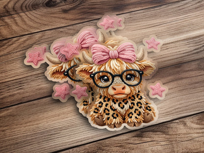 Cartoon Highland cow with pink bow, glasses, and leopard print scarf.