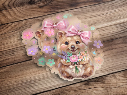 Fluffy dog with pink bow holds bouquet of flowers, on decorative background.