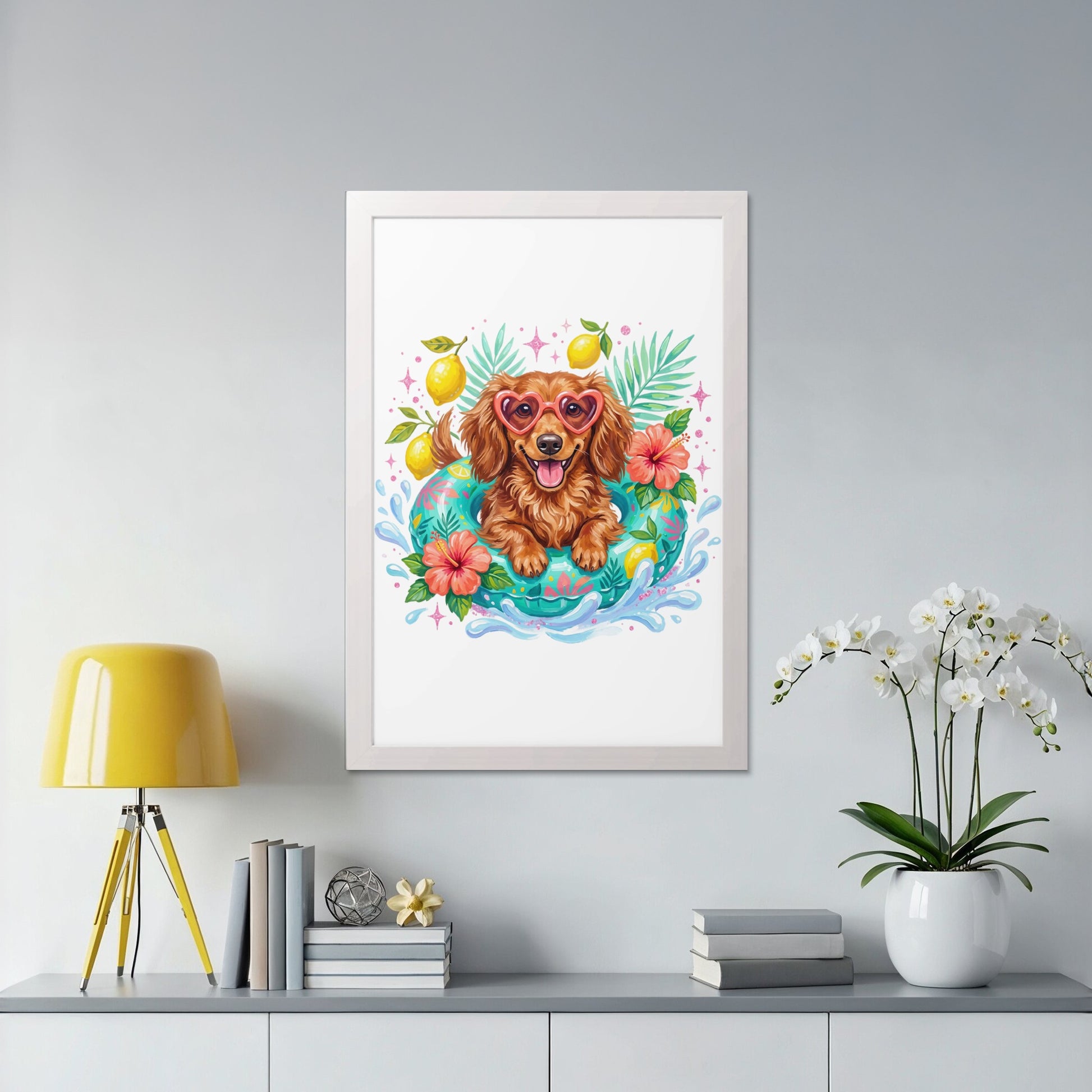 Dachshund in a pool float with heart sunglasses and tropical leaves.