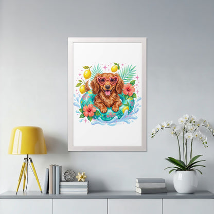Dachshund in a pool float with heart sunglasses and tropical leaves.