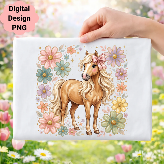 Golden pony with floral wreath and bow, digital design PNG