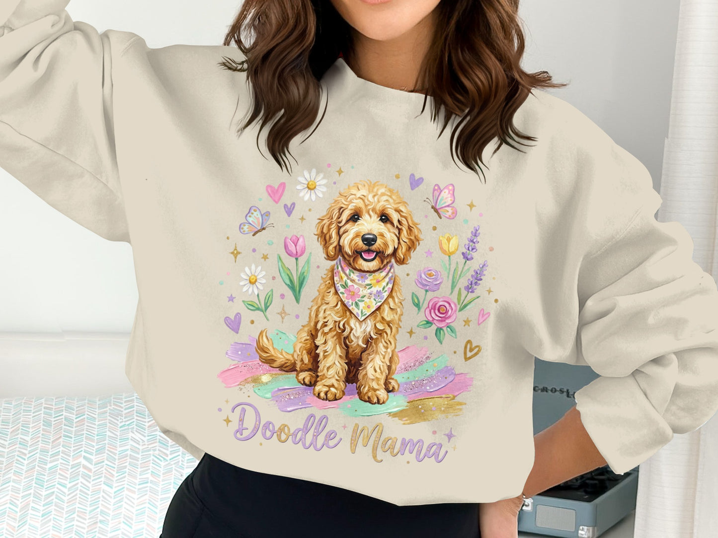 Doodle Mama sweatshirt with a sitting poodle wearing a bandana, surrounded by flowers.