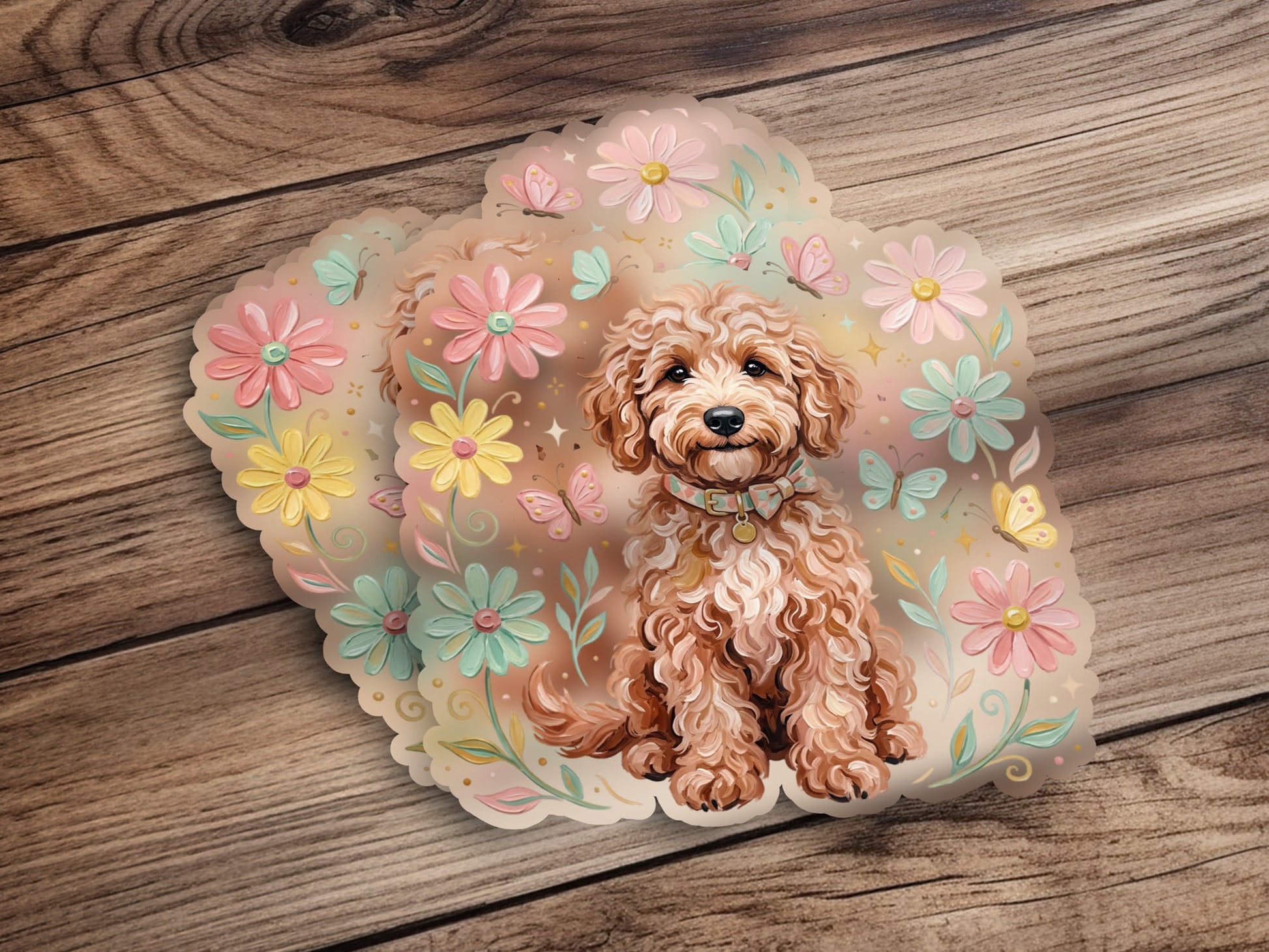 A fluffy dog wearing a collar sits among pastel flowers and butterflies.