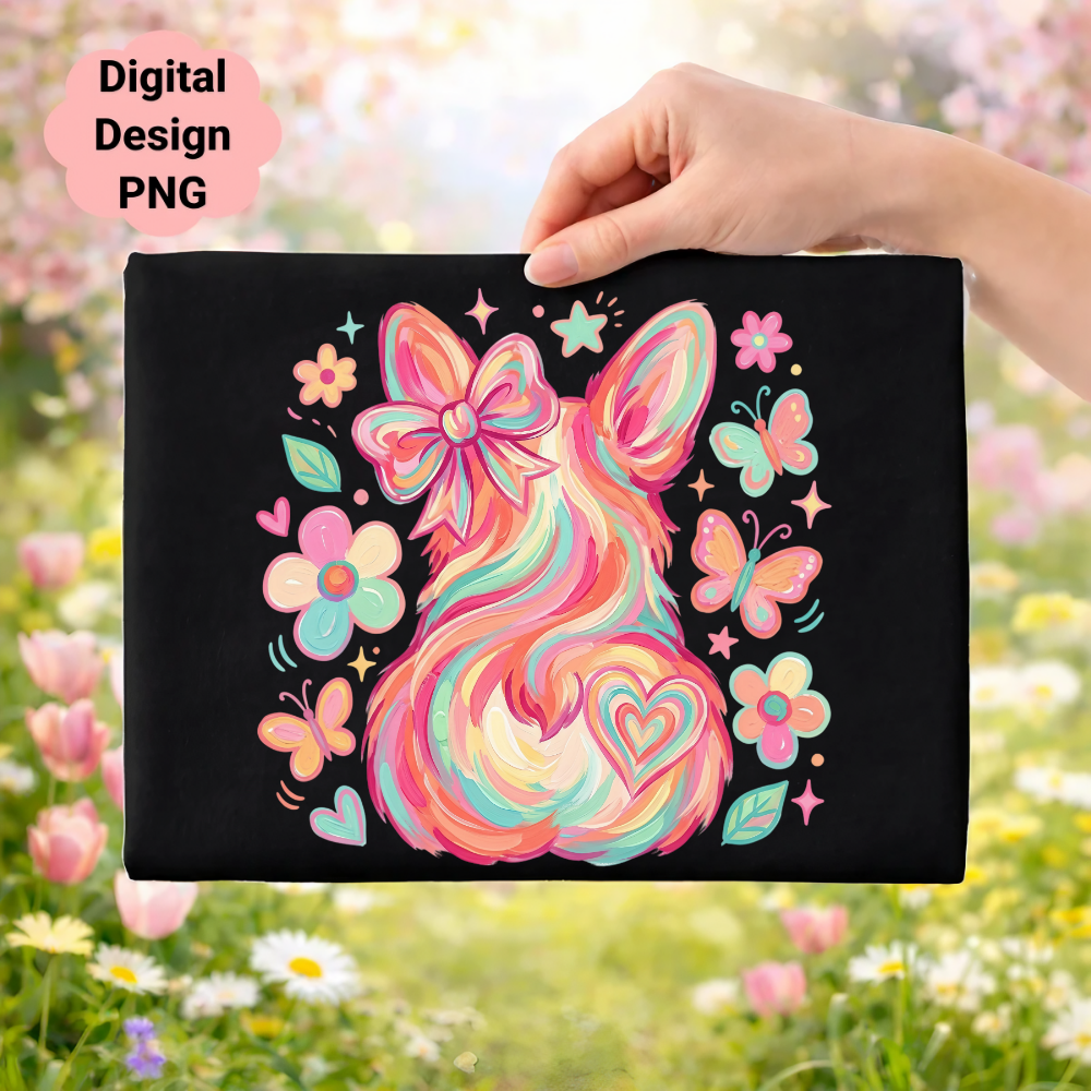 Pink and yellow watercolor corgi design with flowers and butterflies.