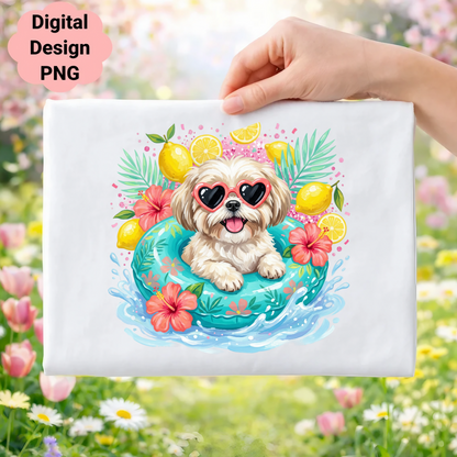 Shih Tzu dog in heart sunglasses on inner tube with lemons and hibiscus flowers.