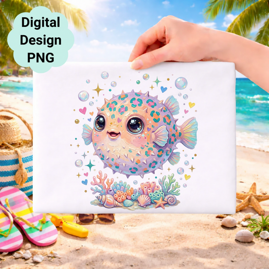 Cute cartoon pufferfish with hearts, surrounded by coral on a beach.