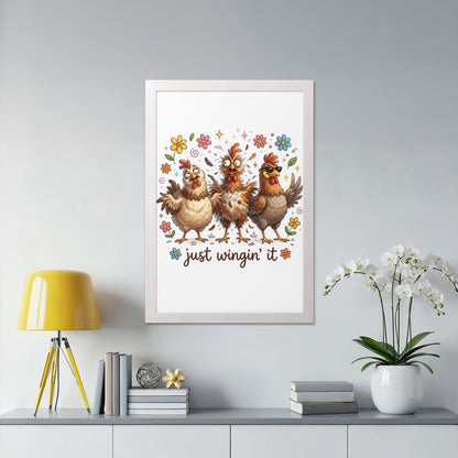 Three cartoon chickens with flowers and text "just wingin' it" in a framed picture.