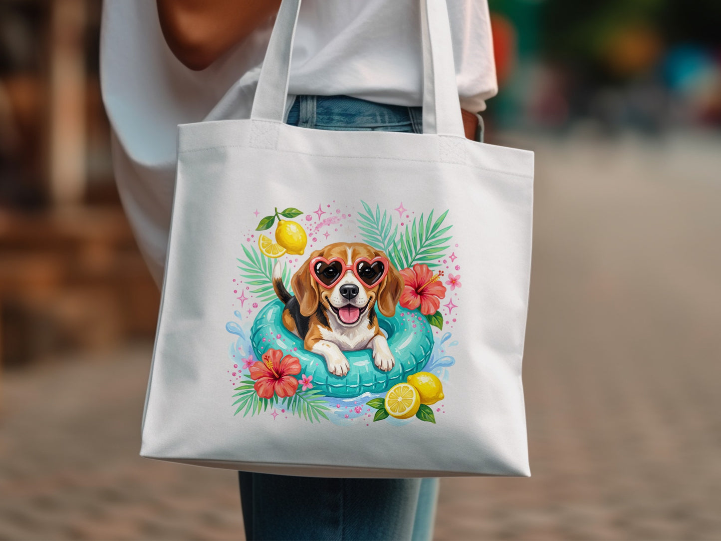Beagle in inner tube with sunglasses, lemons, and tropical leaves.