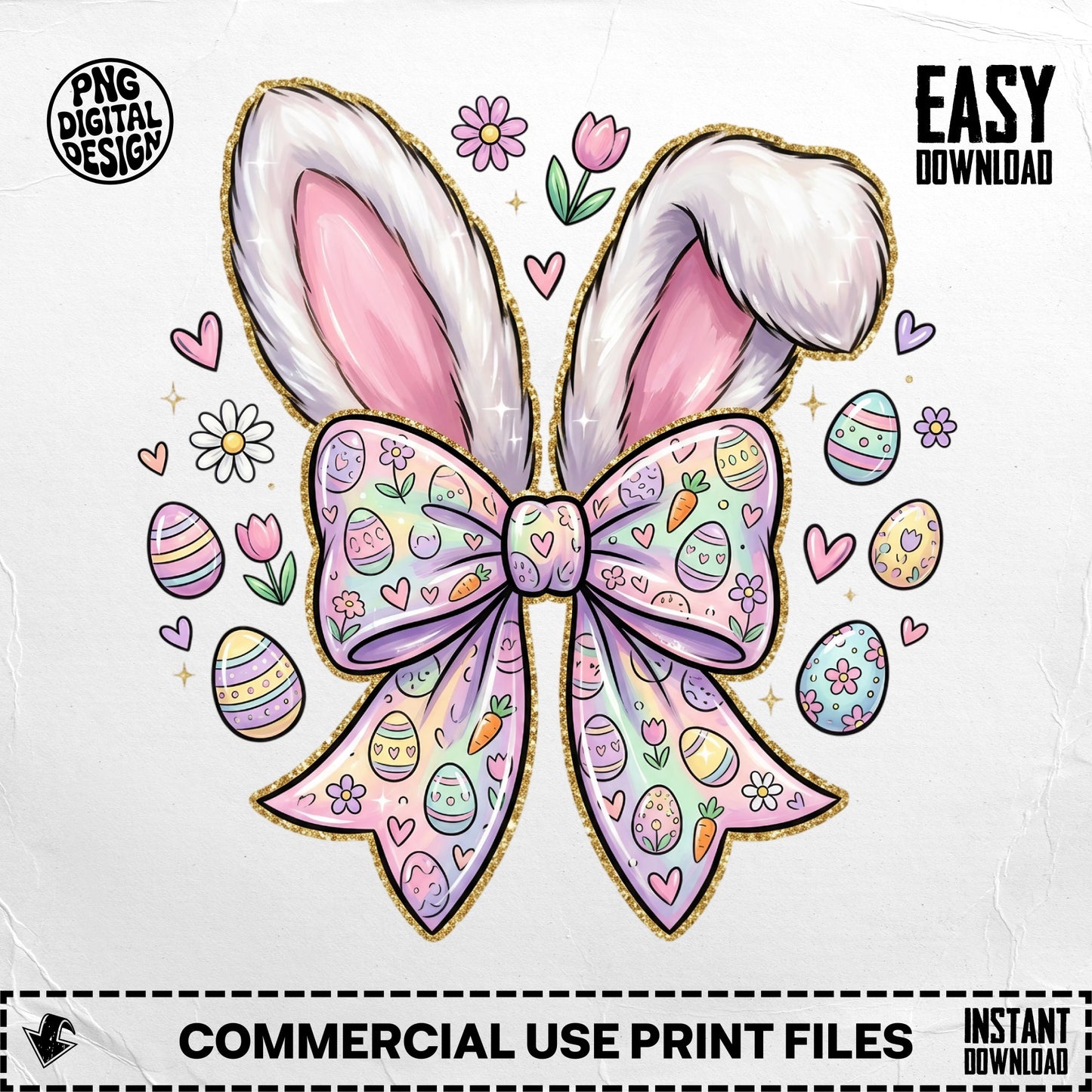 Easter bunny ears with a colorful patterned bow and small flowers.
