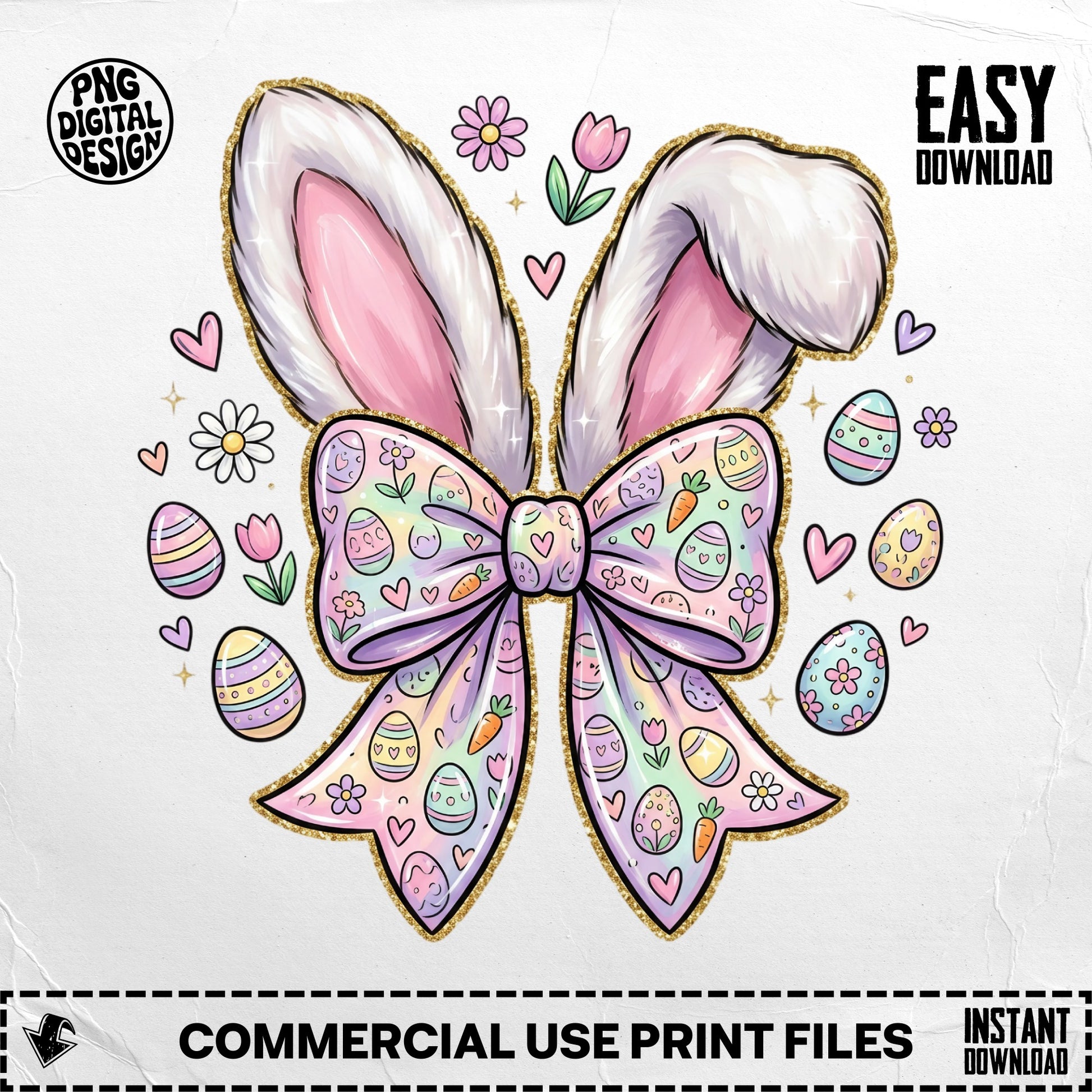 Easter bunny ears with a colorful patterned bow and small flowers.