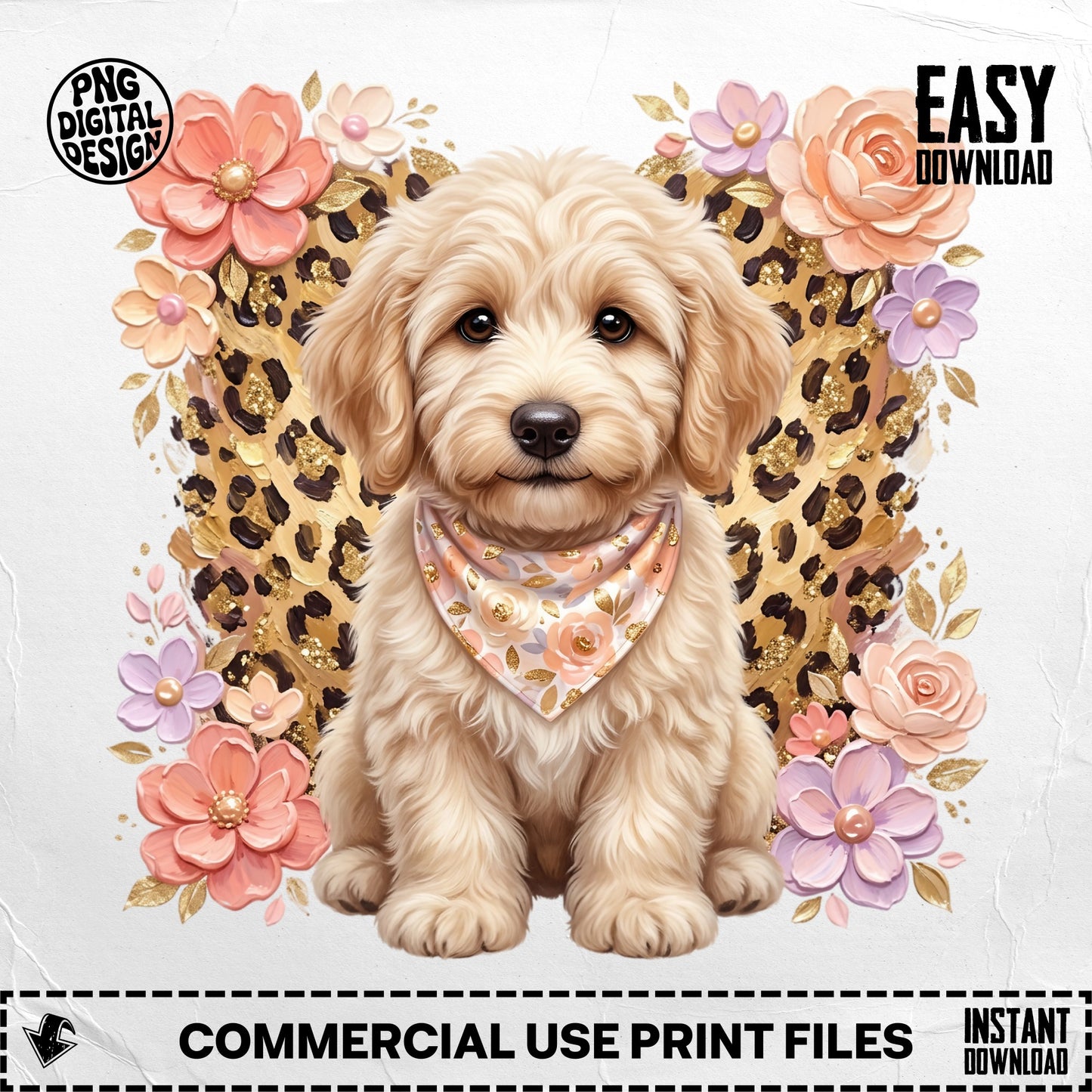 Cute goldendoodle puppy wearing bandana, surrounded by flowers and leopard print.