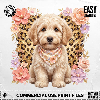 Cute goldendoodle puppy wearing bandana, surrounded by flowers and leopard print.