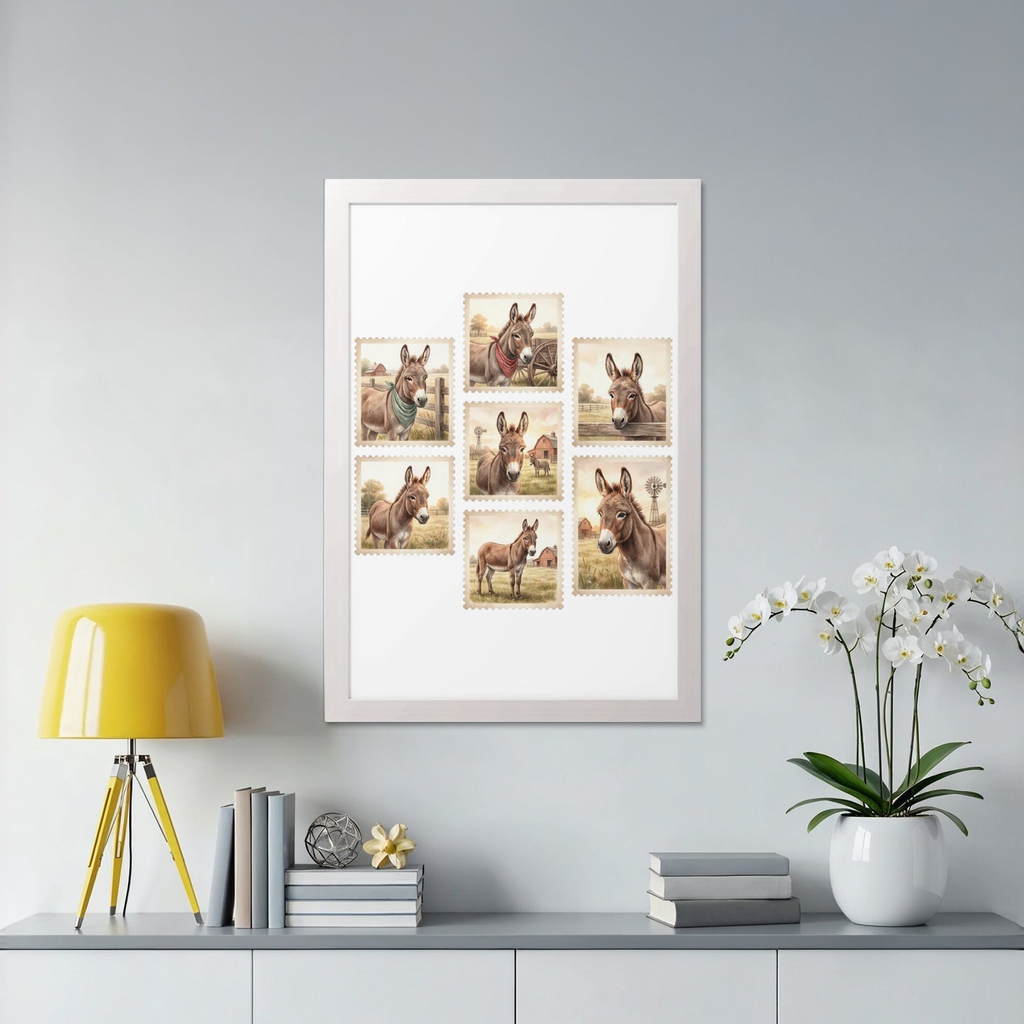 Framed collection of seven illustrated donkey stamps with farm scenery.