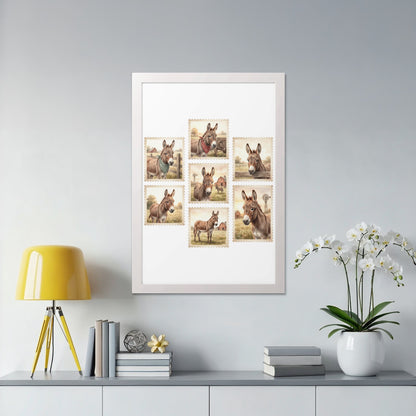 Framed collection of seven illustrated donkey stamps with farm scenery.