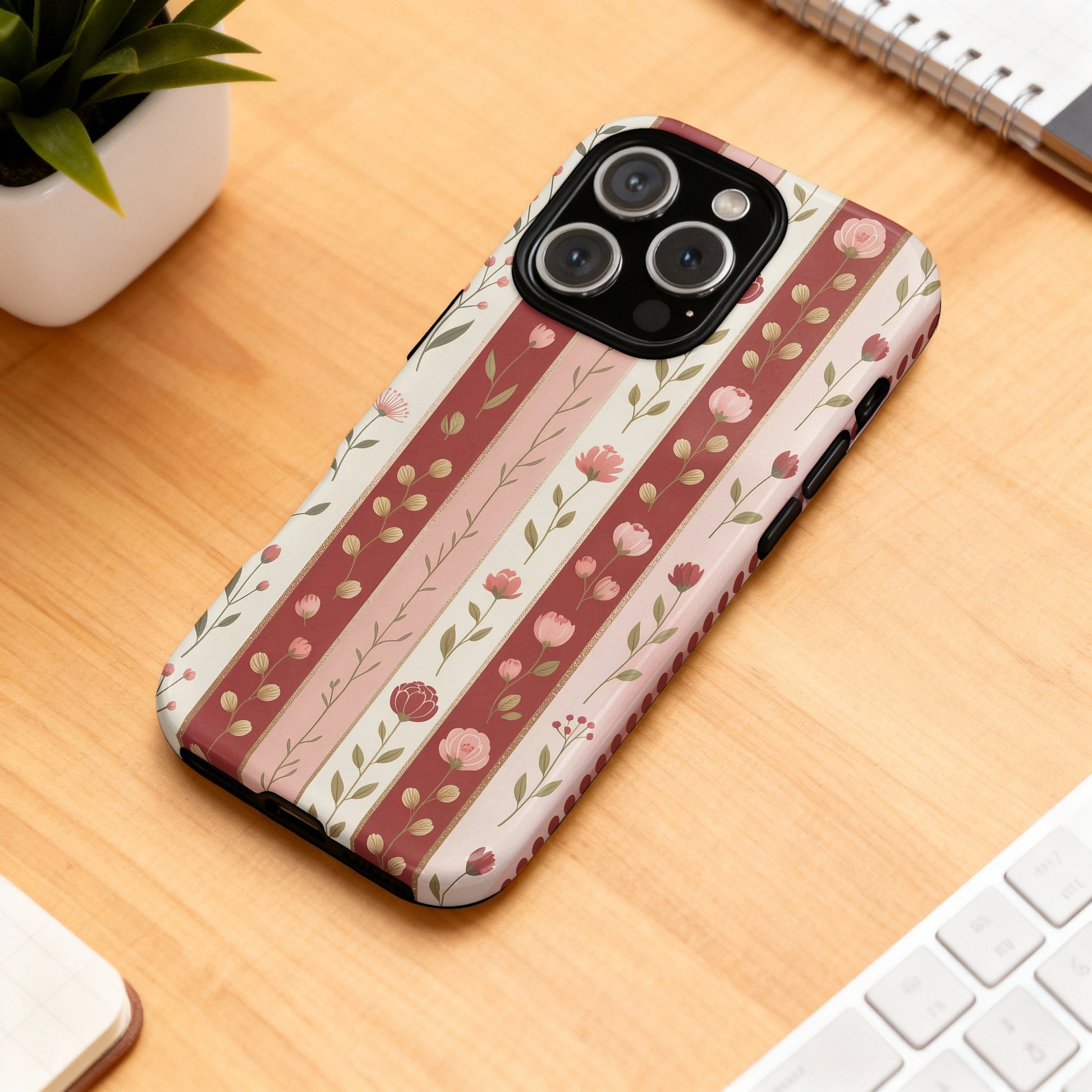 Floral striped iPhone case with pink flowers and green leaves on a wooden desk.