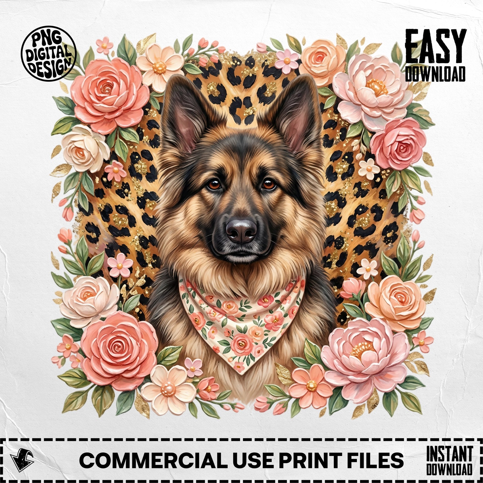 German Shepherd with floral border and leopard print background.