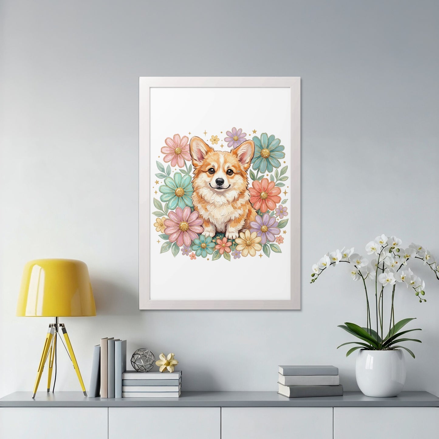 Framed artwork of a smiling corgi surrounded by colorful flowers.