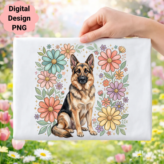 German Shepherd with colorful flowers on a white background.