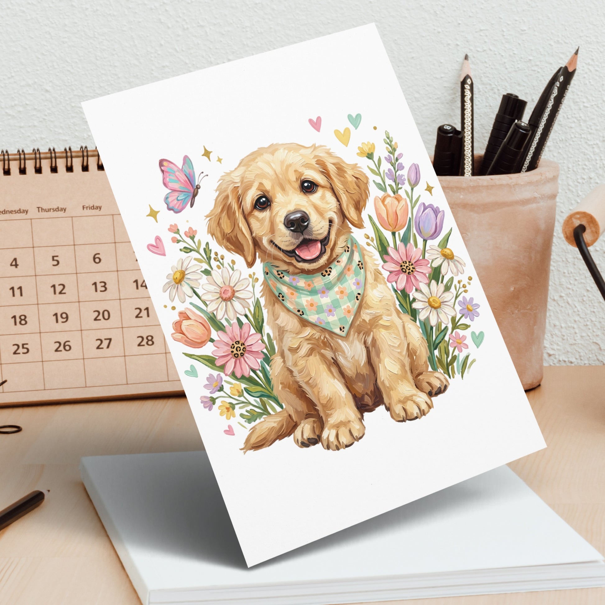 Golden retriever puppy with flowers and hearts on a greeting card.