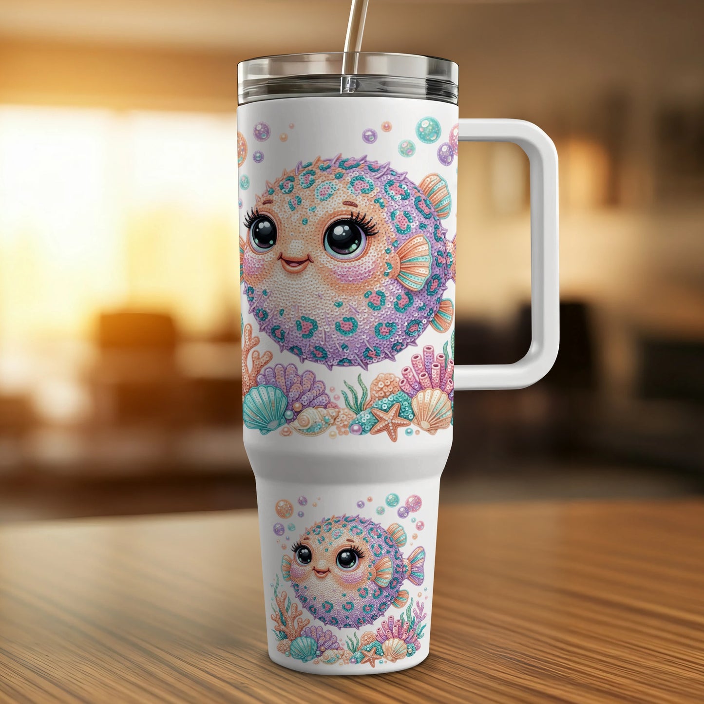 White tumbler with cute pufferfish, bubbles, and coral designs.