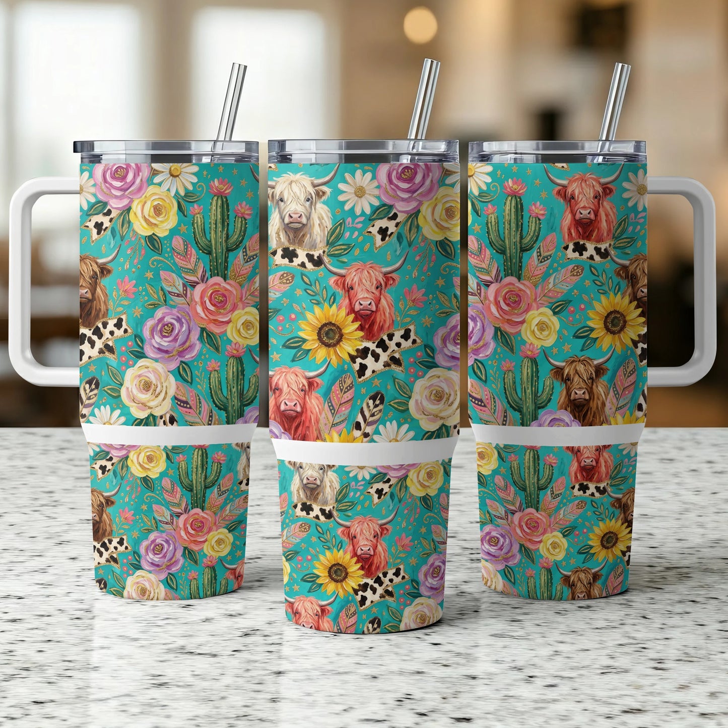Three tumblers with a floral and highland cow pattern.