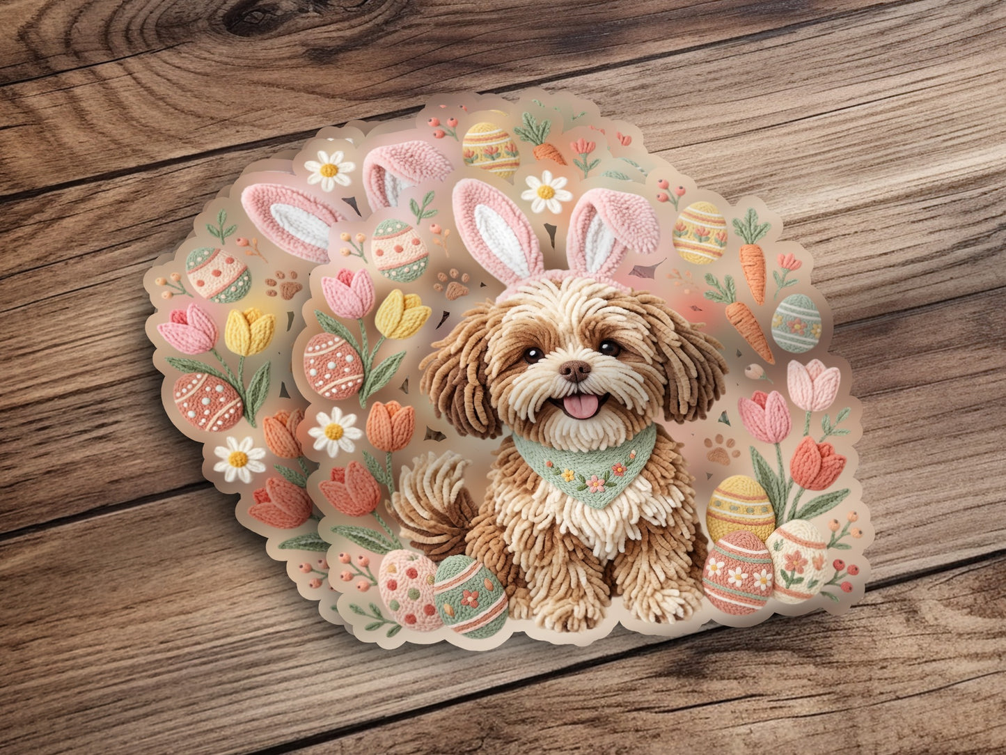 Shaggy dog wearing a bandana surrounded by Easter eggs, tulips, daisies, and carrots.