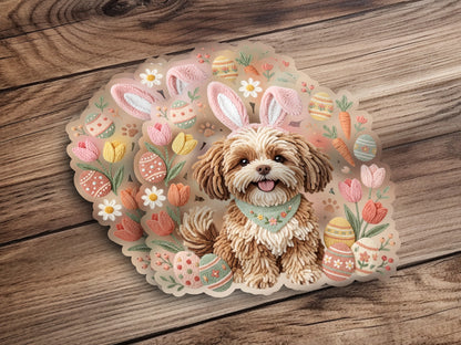Shaggy dog wearing a bandana surrounded by Easter eggs, tulips, daisies, and carrots.
