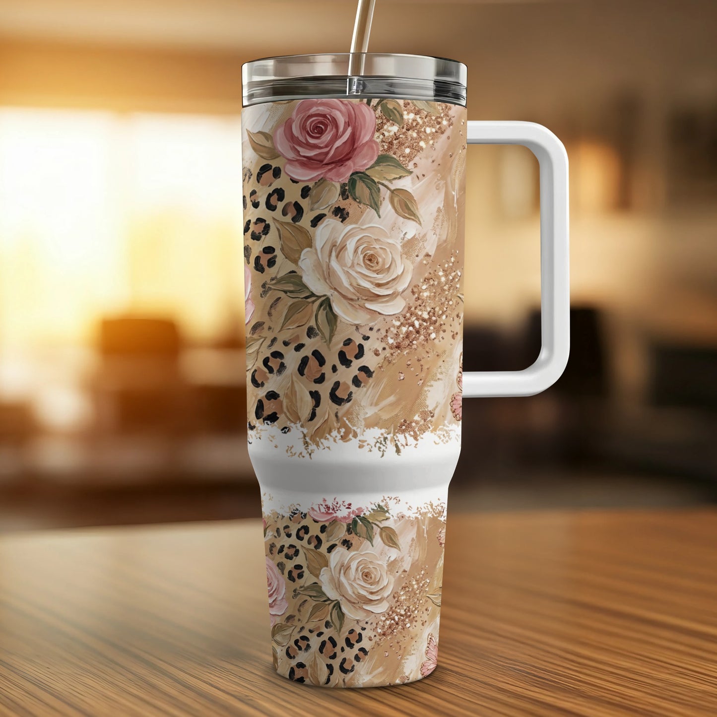 Tumbler with floral and leopard print pattern, white handle, and straw.