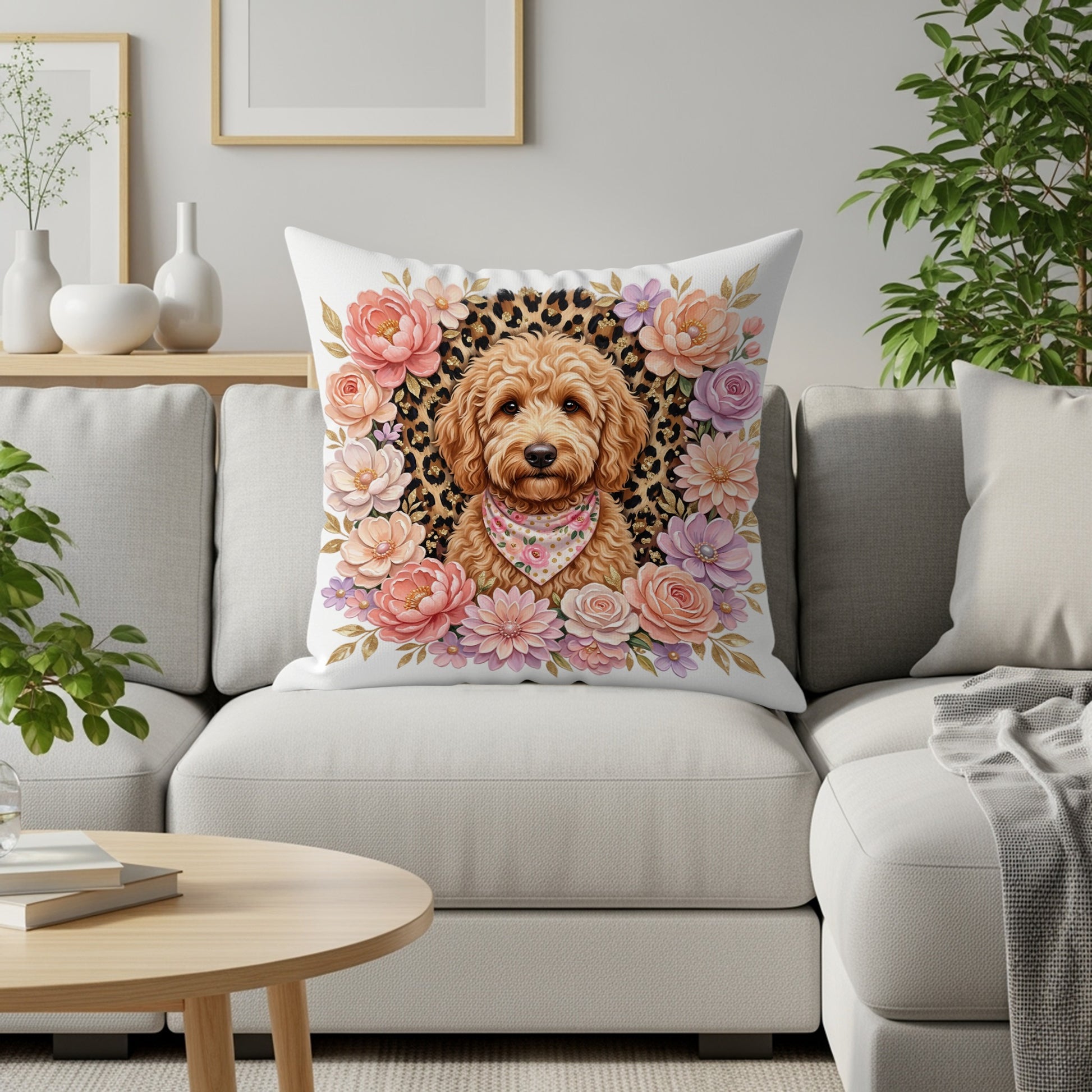 Pillow with dog wearing bandana, surrounded by floral and leopard print design.